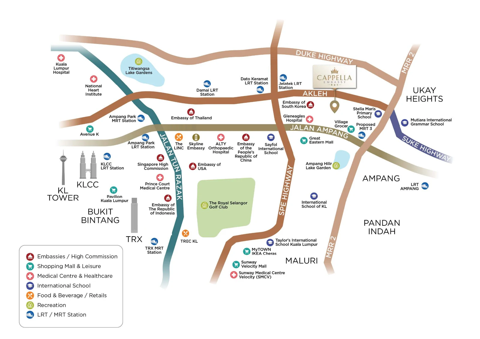Location map of Cappella Embassy on Jalan Nipah, Ampang Hilir, showing embassies, hospitals, schools, malls and highway access